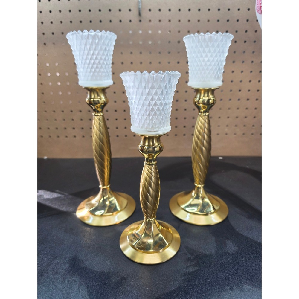 Vintage Partylite Brass Candlestick Set of 3 with Frosted Diamond Cut Glass